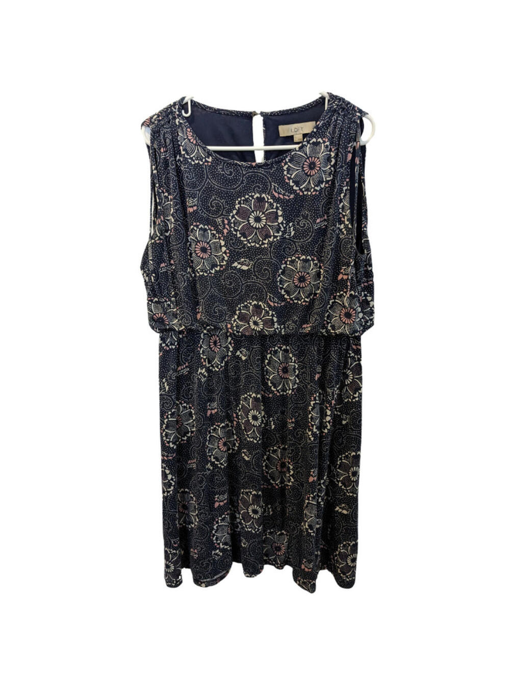 Ann Taylor LOFT Navy White Floral Paisley Casual Soft Knee Length Dress, Large